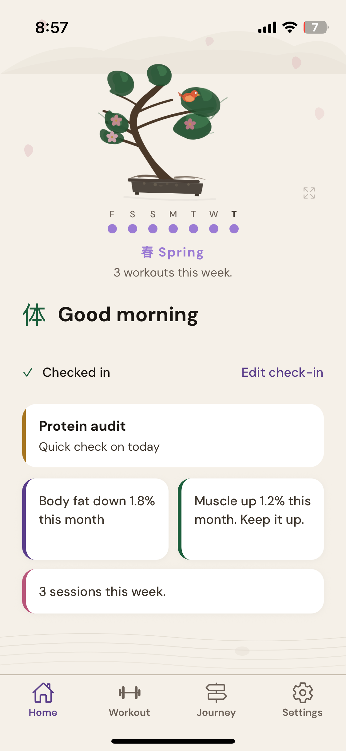 Karada home screen: a bonsai tree, the week's workout dots, Good morning greeting, today's check-in, and body composition trends.