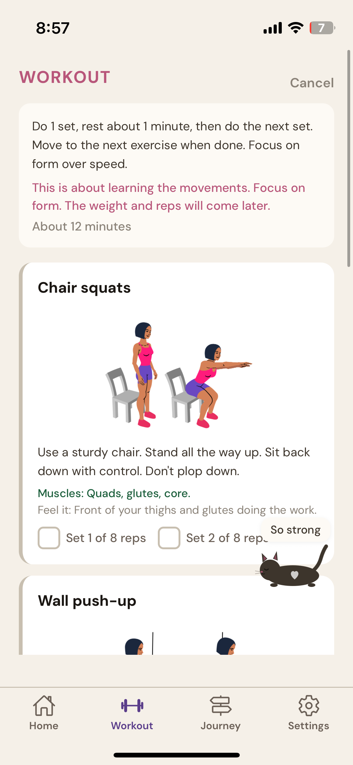 Karada workout screen: chair squats with illustrations, form guidance, muscles worked, and rep counters.